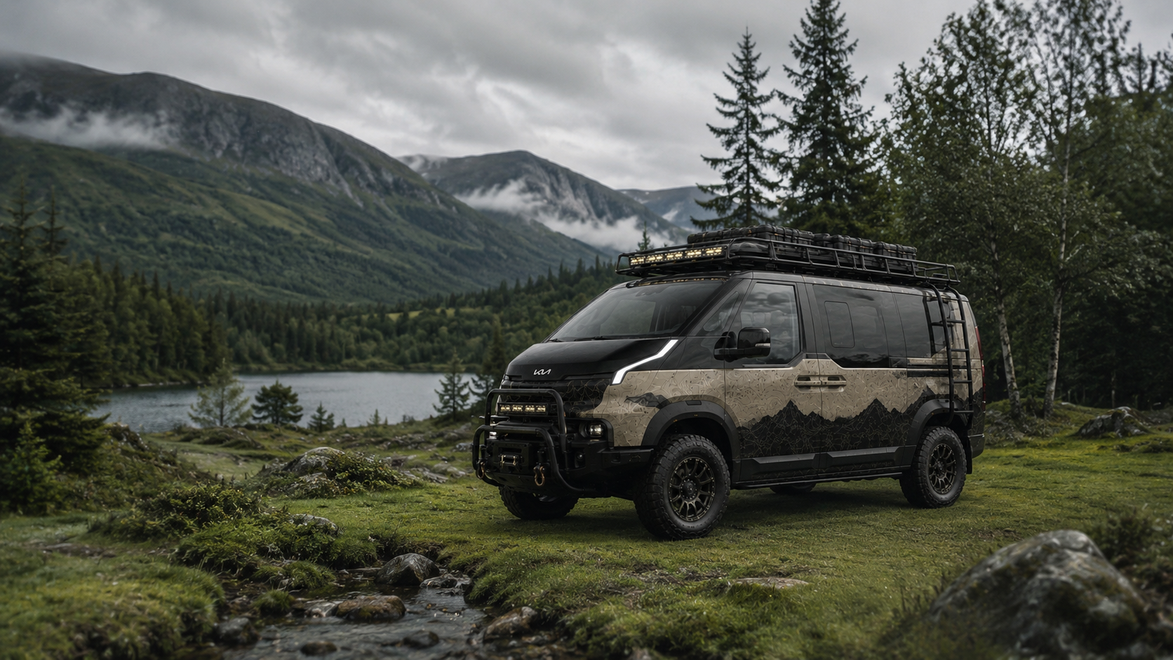 OPV5 parked by a mountain lake