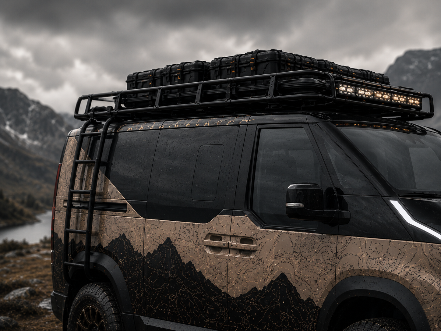 Rear-side detail of the OPV5 roof basket, lighting, and ladder.