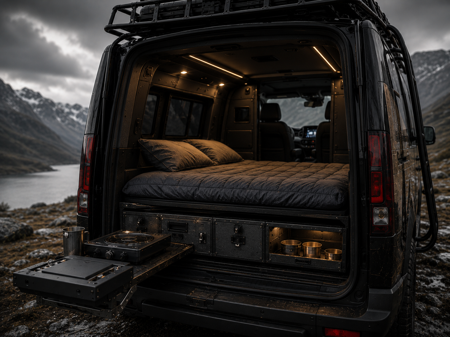 OPV5 sleeper configuration with bed and slide-out utility system