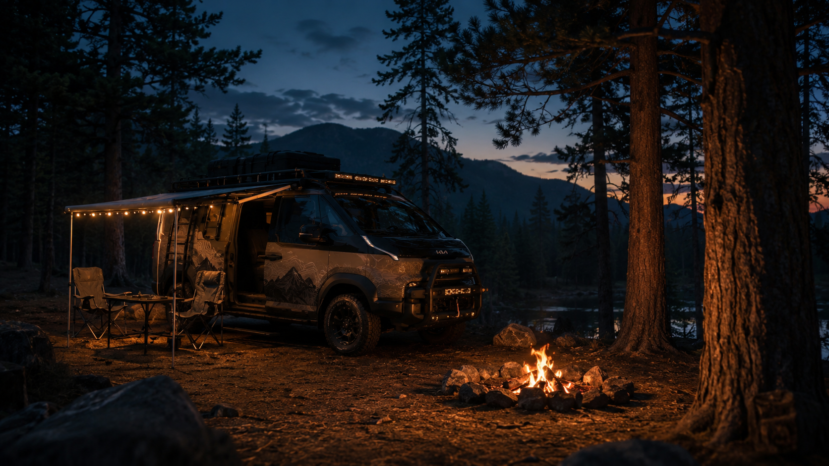OPV5 at a forest campfire at dusk