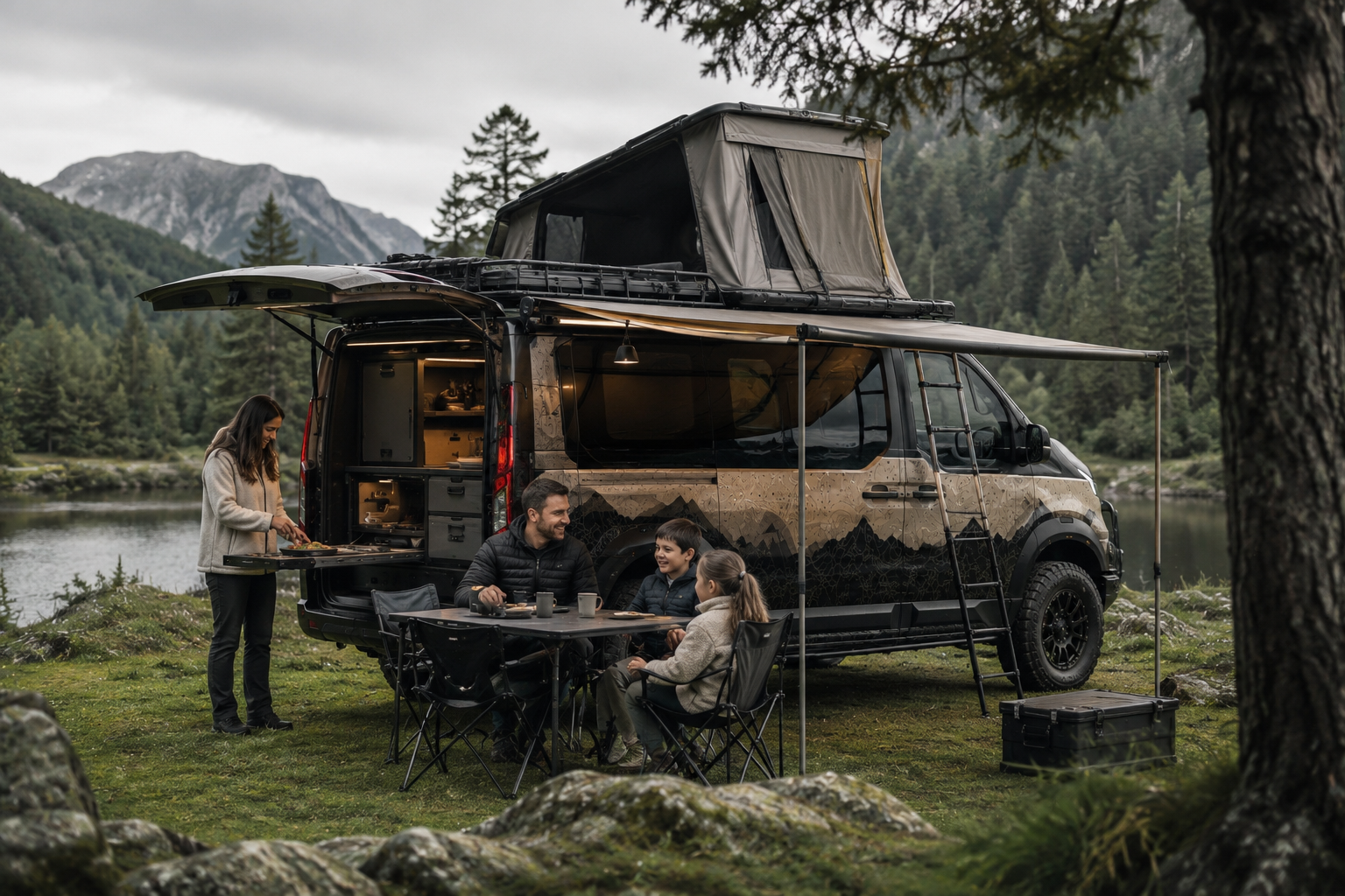 OPV5 with rooftop tent and family camp setup
