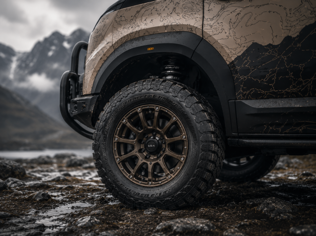 Close-up of the OPV5 wheel, tire, and lifted suspension setup.